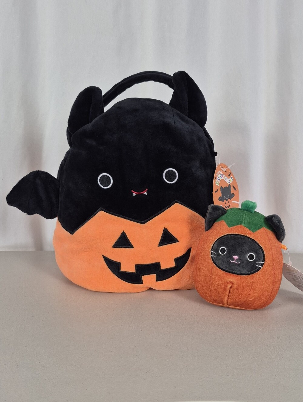 Original Squishmallows Emily The Bat Treat Pail & Calio Cat Halloween Pumpkin